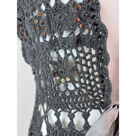Boston Proper‎ women's medium grey crochet short sleeve Y2K 90's cardigan vest - Picture 3 of 6